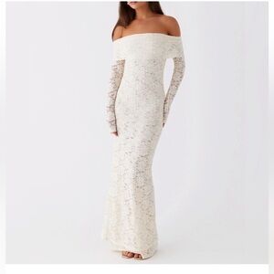 PEPPERMAYO  Lace Off the Shoulder Maxi Dress in Chocolate Brown, Size 0